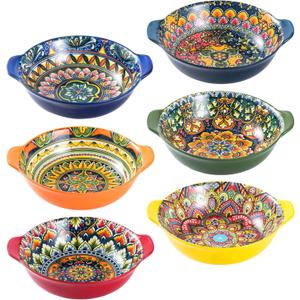 Henten Home Ceramic Soup Bowls Set, 14 oz Cereal Bowl Set of 6, Porcelain Small Dessert Bowls with Handle, for Serving, Snack, Salad, Bohemian, Microwave & Dishwasher Safe