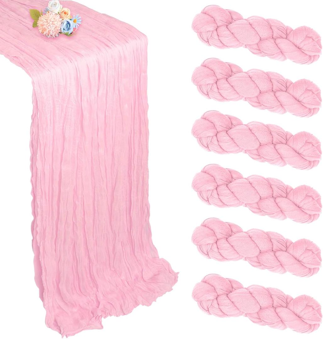 6 Pack Pink Table Runner 10ft Boho Gauze Fabric Cheesecloth Table Runner 35 x 120 Inch Rustic Sheer Runner for Holiday Baby Shower Home Dcor Party Wedding Decoration