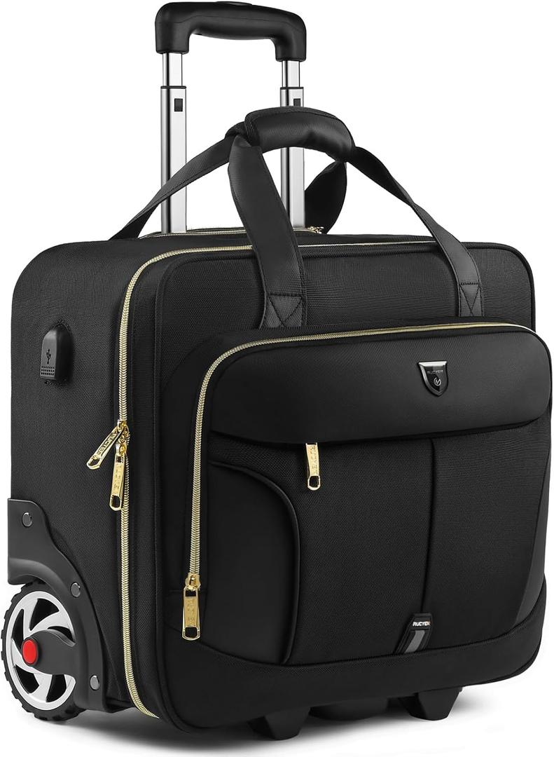 Rolling Laptop Bag,Rolling Briefcase for Men & Women,Laptop Briefcase on Wheels,Carry On Bag for Business Travel (17.3 inch, Black+Gold Zipper)
