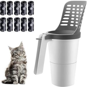 Cat Litter Scooper with Holder - Portable Kitty Litter Scoop for Litter Box, Integrated Shovel Cat Litter, Efficient Cleaning for Your Kitty Box with 150 Bags (Grey)