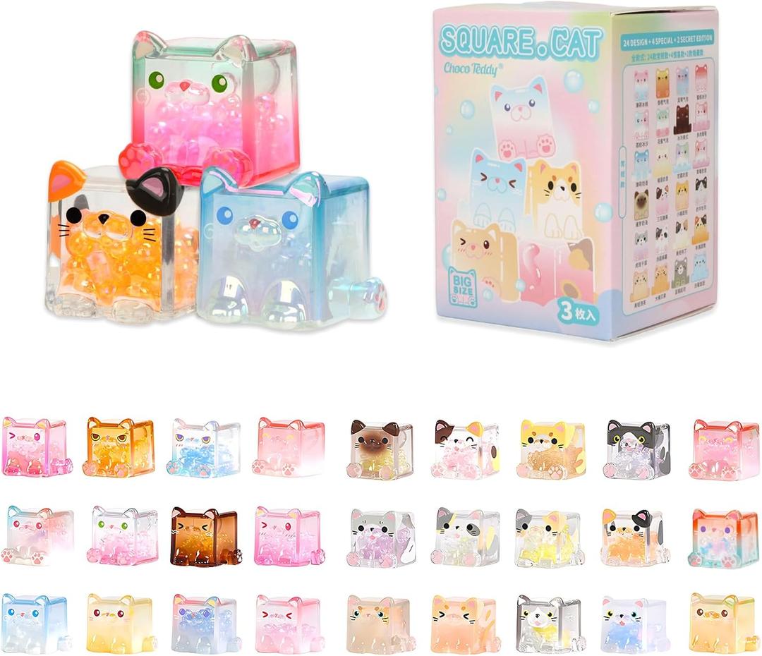 Square Cat Series Blind Box (3 Figures per Box) Random Design Action Figure Cute Animal Blind Bag Collectible Toy - Styles Vary Mini Cats Figures Mystery Bag for Cat Lovers Birthday Gifts & Desk Decor