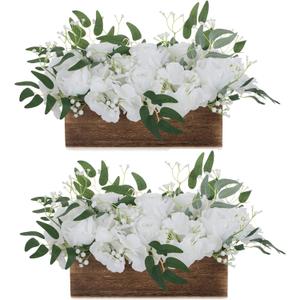 BLOSMON Wood Centerpieces for Tables with Artificial Flower 2 Pcs White Fake Flower in Farmhouse Long Wooden Rectangle Box - Rose Babys Breath Floral Arrangements Dining Living Room Decor