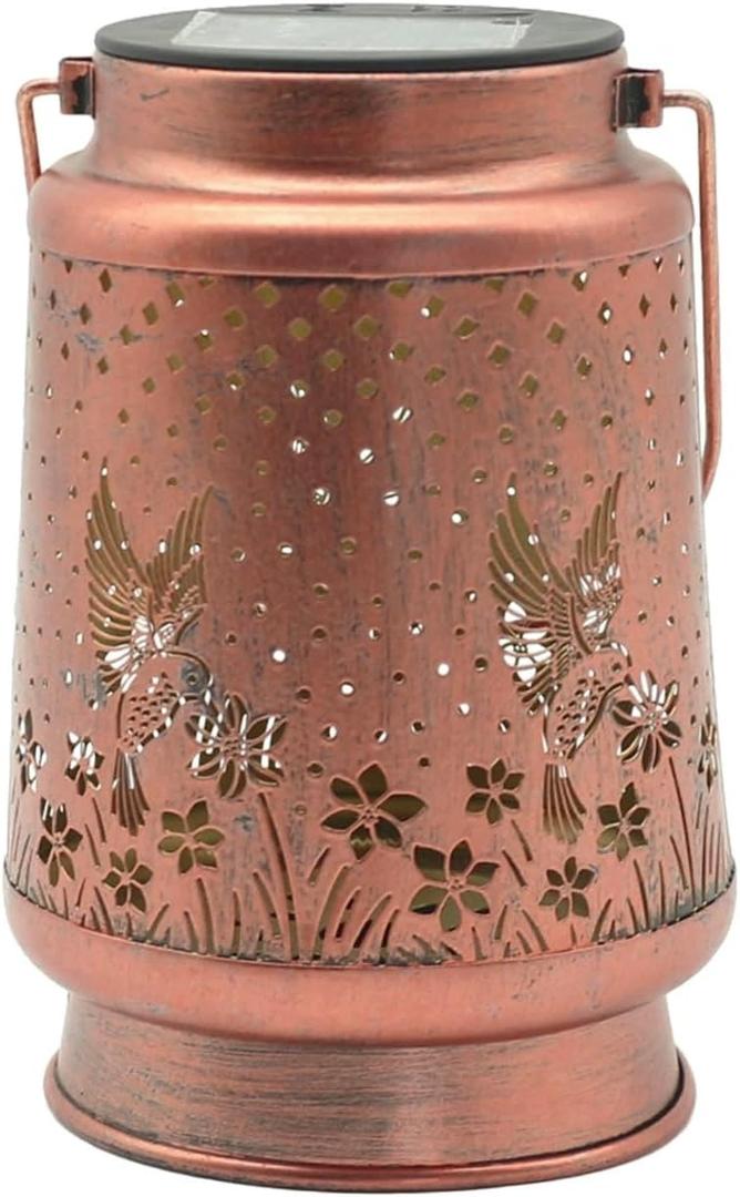 Decorative Solar Garden Lantern, Copper Finish, Hummingbird and Floral Design with LED Projection Light (Bronze Color (4.33in * 4.33 * 11.41))