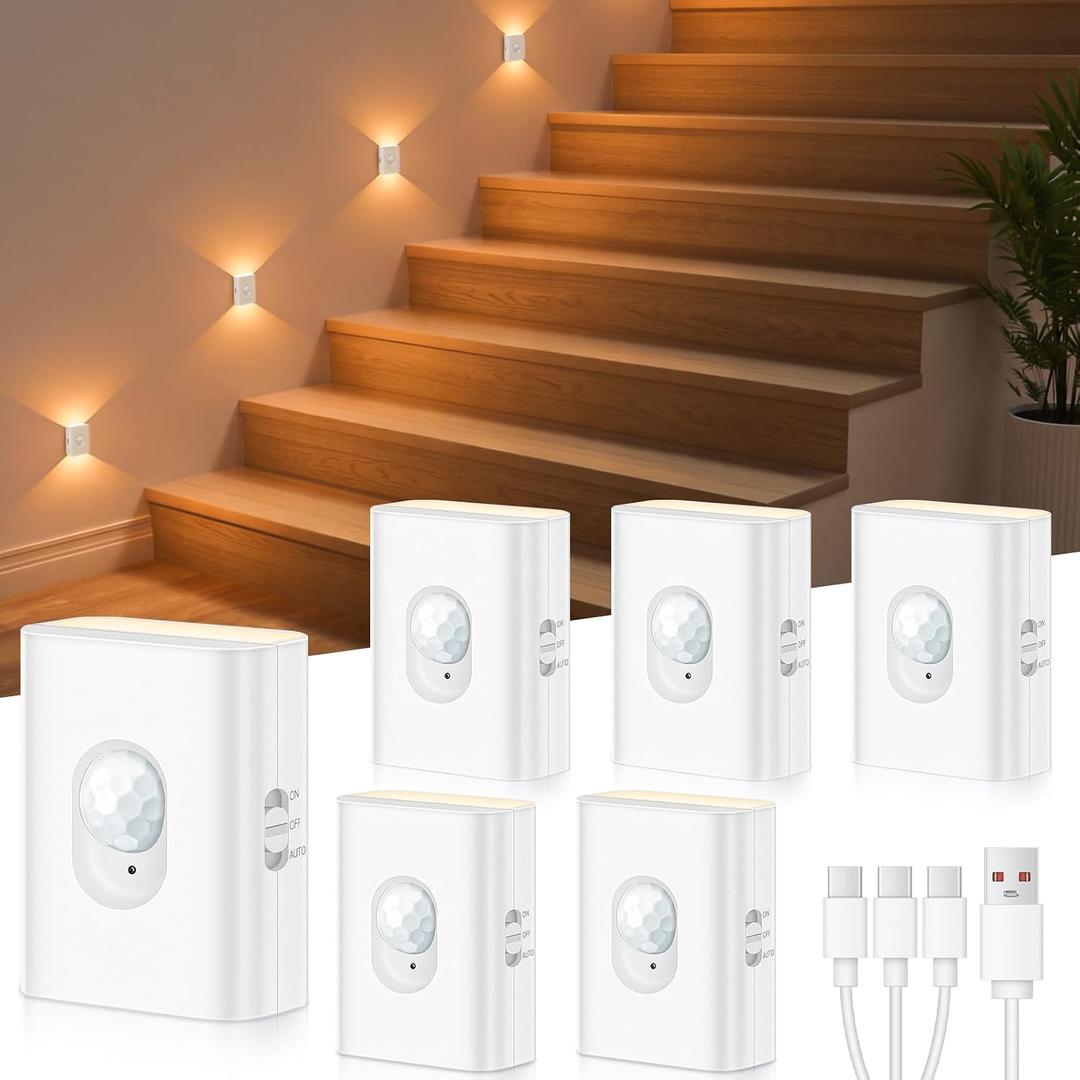 WILLED Rechargeable Motion Sensor Stair Lights Indoor, Warm White Magnetic Stick-on Battery Powered Night Lights for Stairway, Hallway, Bedroom, Closet, 6 Pack
