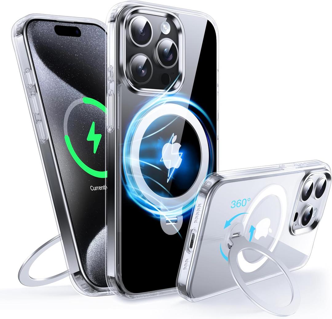 360Rotatable Magnetic Ring for iPhone 15 Pro Max Case with MagSafe[Non-Slip Texture Edge][Built-in Kickstand][Military Shockproof][Anti-Yellowing] Transparent Soft Silicone Bumper Slim,Clear