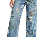 Flamingals Mid-Rise Vintage Floral Straight Leg Pants for Women Summer Casual Denim Pants Deep Blue L