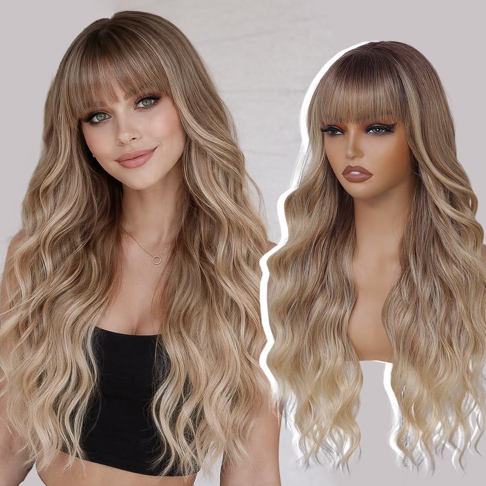 Long Blonde Highlights Wigs with Bangs 26Inch Wavy Curly Hair for Women Tangle Free Soft Natural Looking Wig for Daily Party Use (Ombre Dark Blonde)