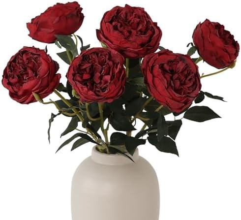 mizii 5Pcs Burnt Burgundy Artificial Roses Flowers Fake Silk Roses Flower with Long Stem for Wedding Decorations Table Centerpieces Flower Arrangement Home Decor (Burnt Burgundy)