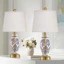 Chinoiserie Ceramic Small Table Lamps Set of 2 for Living Room Bedroom Bedside, Traditional Beige and Blue Porcelain Classic Table Lamp for Nightstand Entryway, 2 LED Bulbs Included