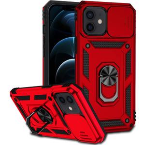 Phone Case for iPhone 12 with Camera Lens Cover HD Screen Protector,Military Grade Ring Car Mount Kickstand Hybrid Hard PC Soft TPU Shockproof Protective Red