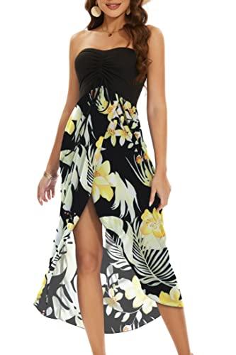 Strapless Dresses for Women Summer Sundress Casual Floral Beach Coverups Dress.(Black Yellow Flowers,M)