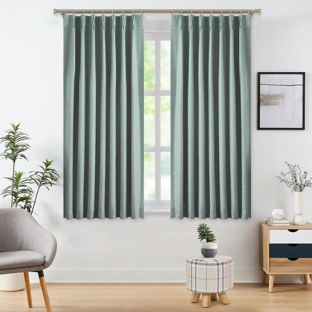 WEST LAKE Short Bailey Pinch Pleated Blackout Curtain Panels with Liners 63 Inches Long for Bedroom,Mineral Green Textured Fabric Drapes with Back Tabs,Thermal Insulating Window Treatment,40"Wx63"Lx2