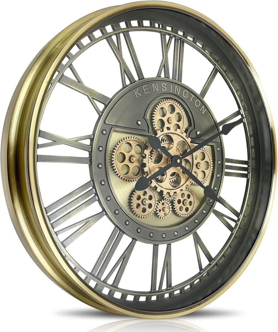 Real Moving Gears Wall Clock Large Modern Metal Clocks for Living Room Decor, Industrial Steampunk Unique Vintage Rustic Decorative Clock for Home Farmhouse Office, 27.6 Inch,Brass Gold Roman (70cm / 28 inch)