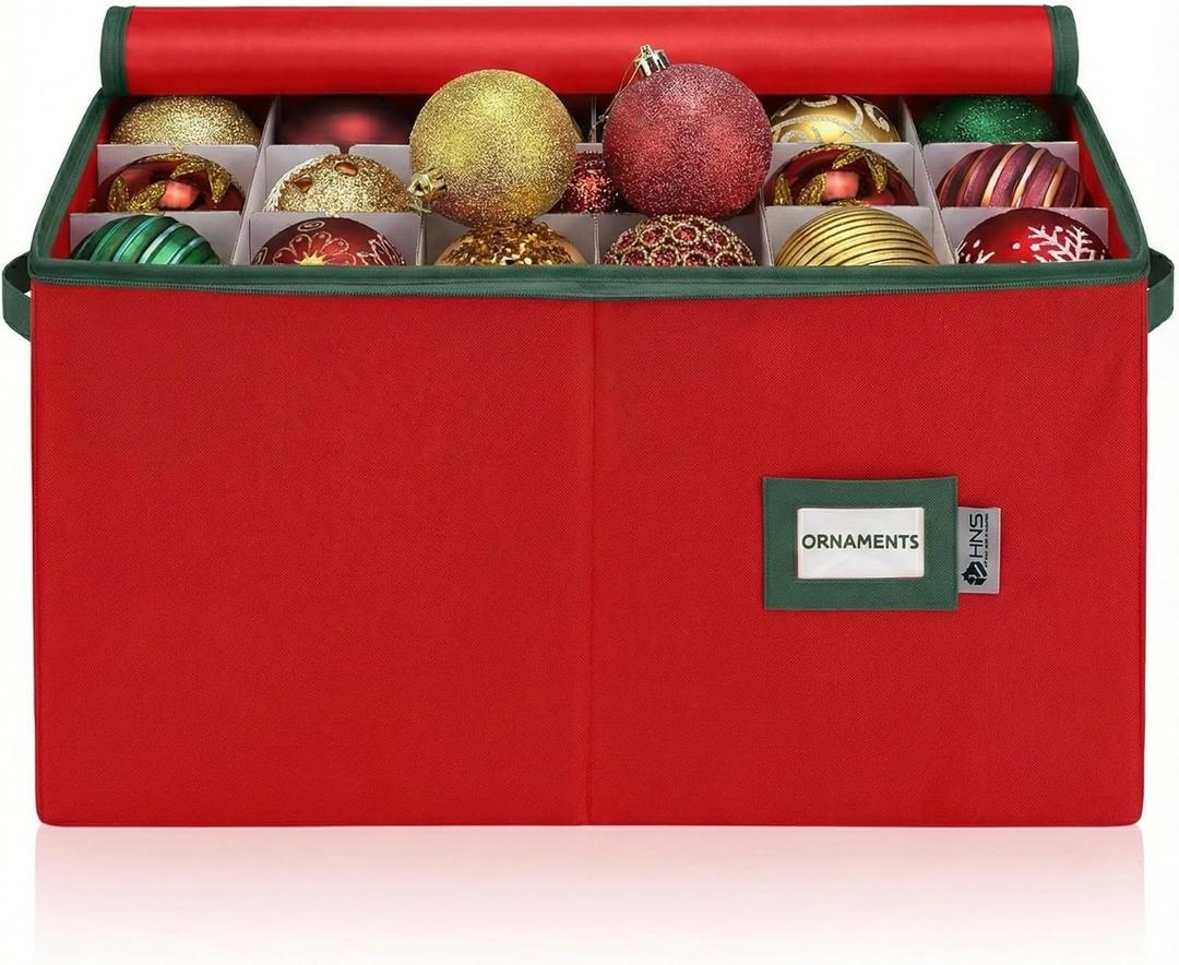 Christmas Ornament Storage Container with Dividers - Box Stores Up to 54 Ornaments, Zippered, Convenient, Adjustable, Large Organizer Bin to Protect Holiday Dcor, Fits Most Standard Size, Red