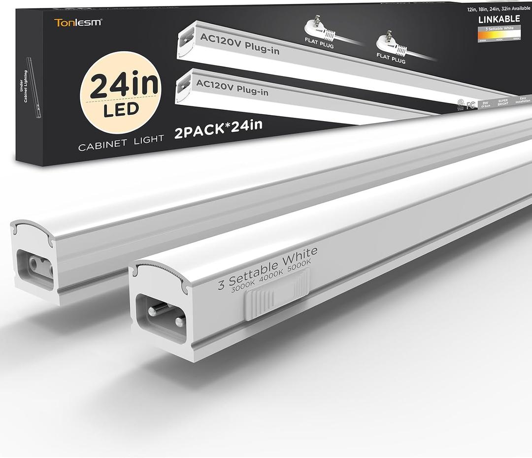 Under Cabinet Lighting Plug in 24in 2Pack AC120V 3CCT 3000/4000/5000K, Super Bright,Linkable Under Counter Lights for Kitchen, Ultra Slim LED Cabinet Light,ETL White
