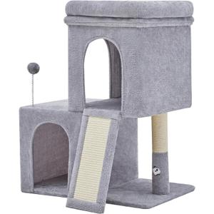 Woochpet 32inch Tall Cat Tree with 2 cat condo for Adult Cats Cozy Cat Tower with Scratching Post and Scrather Board for Cats of Different Ages.Light Grey