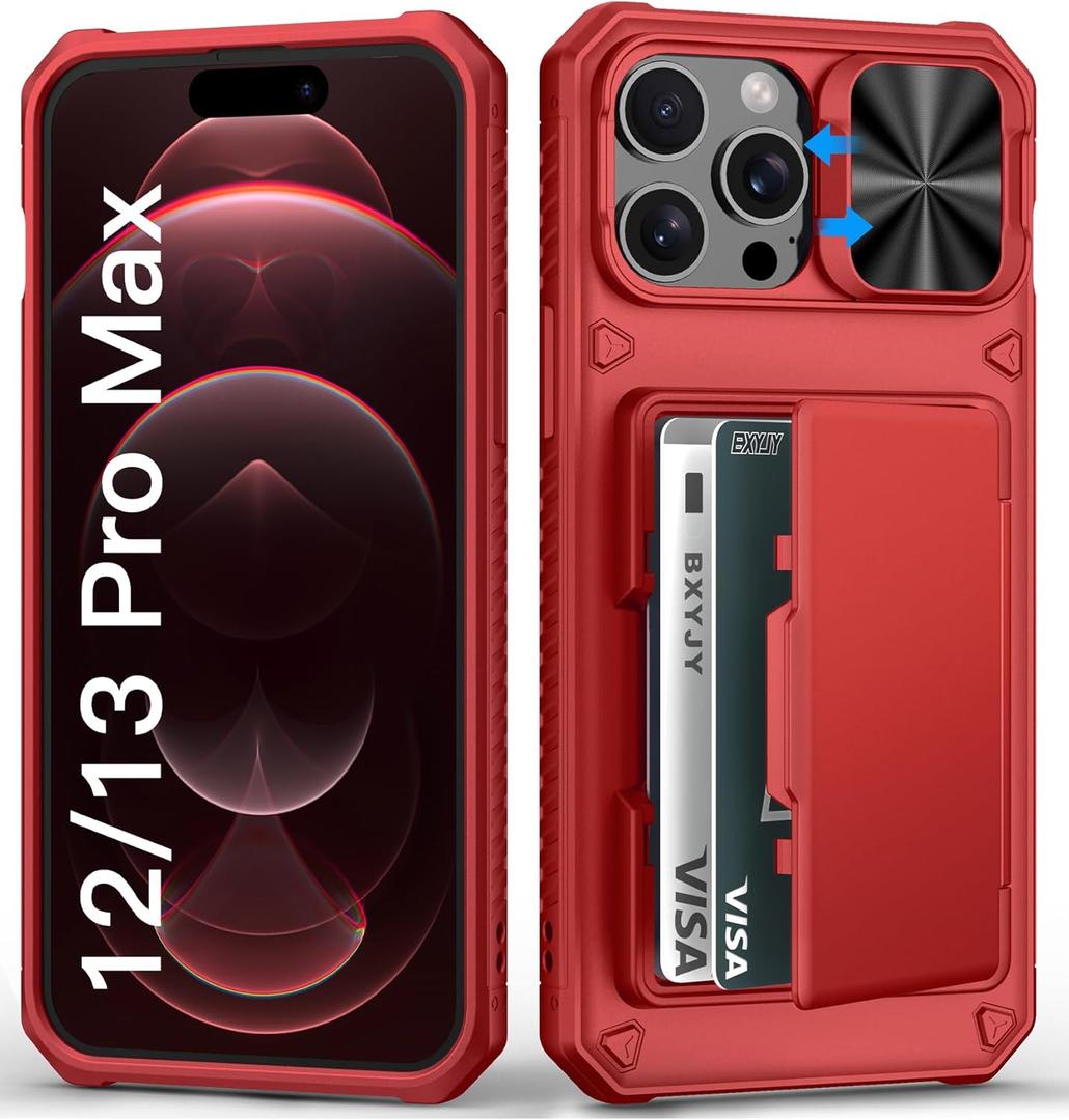 for iPhone 12 Pro Max & 13 Pro Max Case Wallet with Card Holder (4-5 Cards), Military Drop Protection, Slide Camera Cover, Shockproof Heavy Duty Men Women Phone Case for iPhone 12 Pro Max, Red