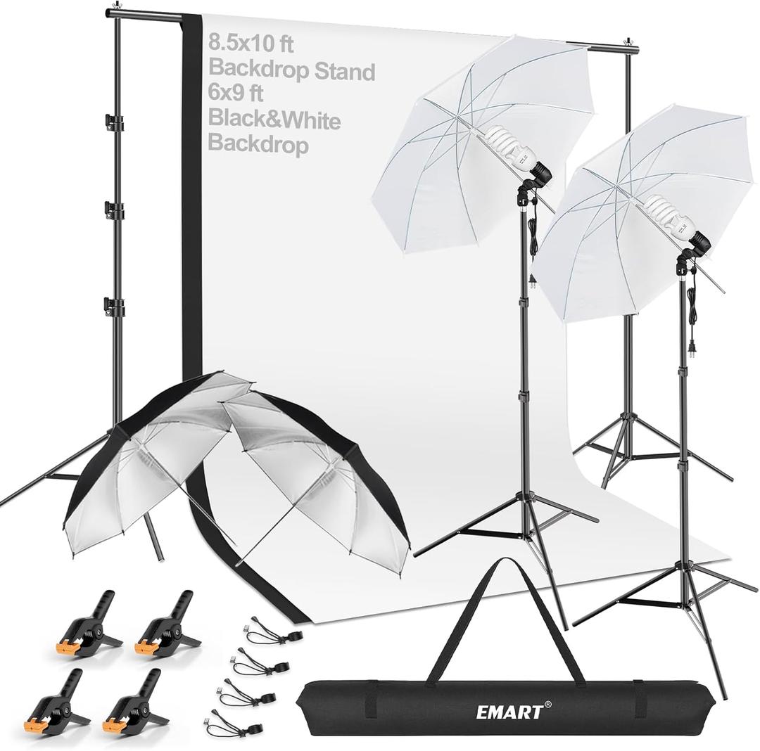 EMART 8.5x10ft Photography Backdrop Kit with 400W 5500K Daylight Umbrella Continuous Lighting Set, Black & White Backgrounds for Photo Studio Product, Photoshoot, Portrait Shoot