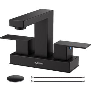 Matte Black Bathroom Sink Faucet, Hurran 4 inch Bathroom Faucets for Sink 3 Hole with Pop-up Drain and Supply Lines, Stainless Steel 2-Handle Faucet for Vanity RV Restroom
