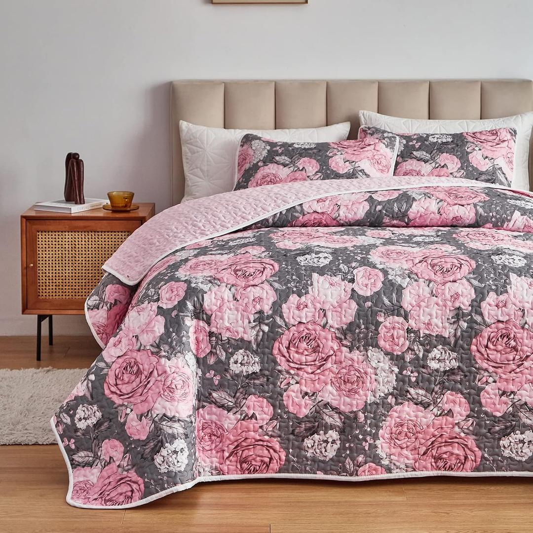 3 Pieces Quilt Set Grey with Pink Floral Quilt Bedding Set King Size Soft Microfiber Lightweight Reversible Coverlet Bedspread for All Season Grey Flower Quilt Set (1 Quilt+ 2 Shams)