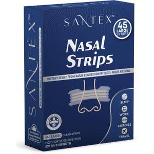 SANTÉX Large Clear Nasal Strips for Snoring Solution, Extra Strength, Nose Strips for Breathing Efficiency, Drug-Free Nasal Congestion Relief, Cold & Allergy, 45 ct., 30% More Stronger, Set of 2
