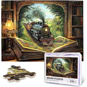 Book Jigsaw Puzzles for Adults 500 Pieces Vintage Wooden Bookshelf Puzzles for Adults Retro Bookshelf and Train Puzzle for Home Decoration Gifts Family Challenging Puzzle Perfect for Book Lovers