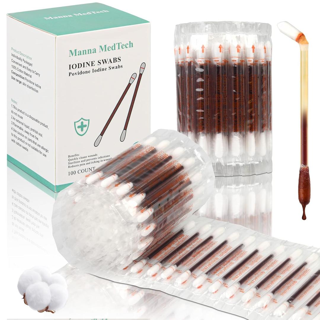 Manna MedTech Listed Item of HSA/FSA Premium Organic Cotton Iodine Swabs  Individually Packaged Snap & Flow Wound Care for Cuts, Scrapes & Burns, Travel-Friendly (100 Count)