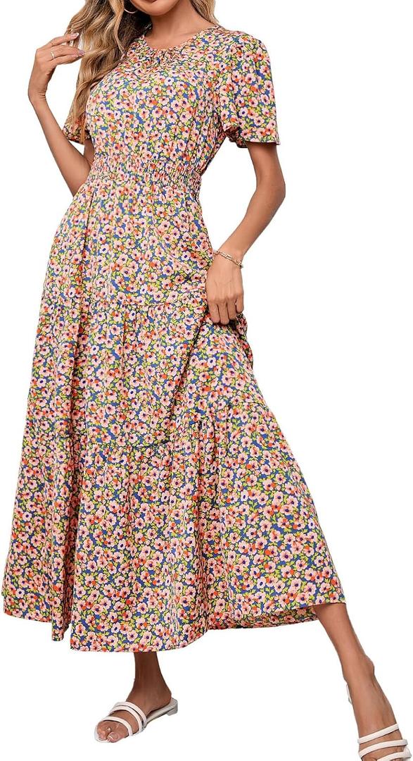 PRETTYGARDEN Women's Summer Casual Short Flutter Sleeve Round Neck Smocked Waist Tiered Boho Floral Flowy Maxi Dress (M)