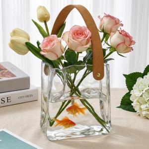 Noamus Glass Purse Vase for Flowers, Unique Bag Vases with Leather Handle, Decorative Wrinkle Handbag Shape Vase, Handmade Clear Fish Bowl for Centerpieces, Home Office Garden Wedding, Farmhouse Decor