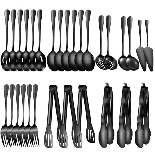 ZLMTZDJD 30 Piece Stainless Steel Serving Utensils Set - Buffet Serving Spoons Forks Tongs for BBQ, Parties, Catering, Weddings, Events - Black