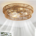Rattan Boho Ceiling Fan with Light Flush Mount, 20 Inch Caged Ceiling Fans with Light and Remote Control, Low Profile Enclosed 6 Speeds for Bedroom, Nursery, Living Room, E26 Base (Brown)