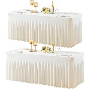 2 Pack Spandex Ivory Fitted Table Cloth for 6ft Rectangle Tables Ivory Stretch Tablecloth Table Covers Banquet Table Clothes Wrinkle Free Table Skirt for Parties Wedding