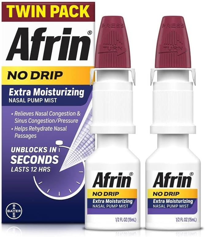 Afrin No Drip Extra Moisturizing Nasal Mist Twin Pack, Non-Drowsy, Fast-Acting Decongestant for Sinus Pressure and Dry Nasal Passages, Adults and Children 6 and Older, .5 fl oz (Pack of 2)