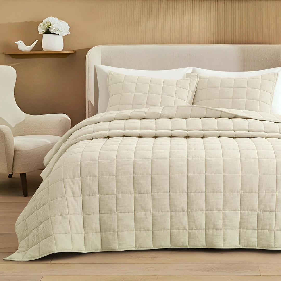 Cotton Muslin Gauze Quilt Set Queen, Soft Breathable, Ivory
Cotton cover with polyester fill, 3-season warm pre-washed linen-like comforter, airy cozy feel, corner loops, box stitch