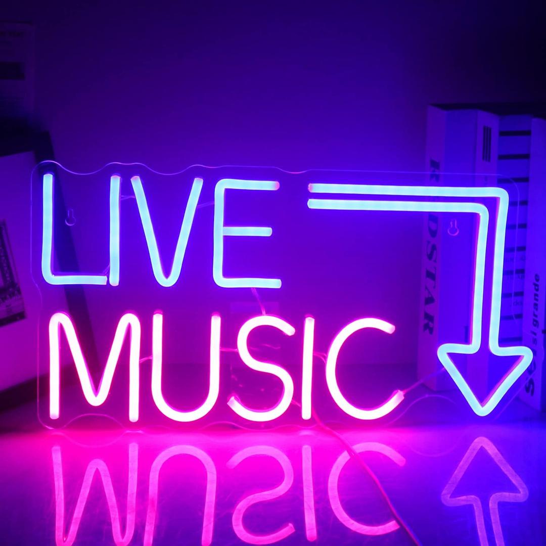 Live Music Neon Sign LED Neon Sign Large Blue and Pink Words for Music Studio USB Powered Switch for Wall Decor Beer, Bar, Music Studio, Bedroom, Party, Club