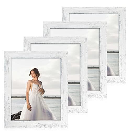 iRahmen 8x10 Picture Frame Set of 4, High Definition Glass Distressed White Frame, 8 x 10 Photo Frames for Tabletop Display and Wall Mounting