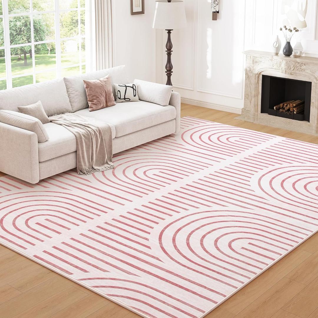 Pink Washable Rug 5x7 for Bedroom, Soft Abstract Rainbow Carpet for Living Room, Modern Area Rugs, Non-Slip Stain Resistance Rug for Kid Nursery Playroom Home Office