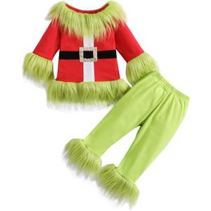Toddler Baby Boys Girls Christmas Cosplay Monster Costume Outfits Green Furry Santa Long Sleeve Tops and Pants Set (6-7 Years)