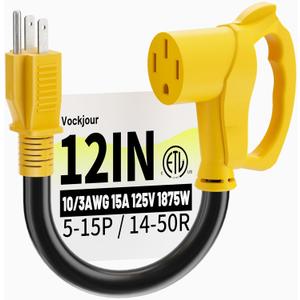 50 Amp to 110 Rv Adapter 3 Prong 12 Inch, NEMA 5-15P Male to NEMA 14-50R Female, Heavy Duty RV Electrical Adapter Cord for Camper, STW 10AWG 15A 125V 1875W, Yellow, ETL Listed