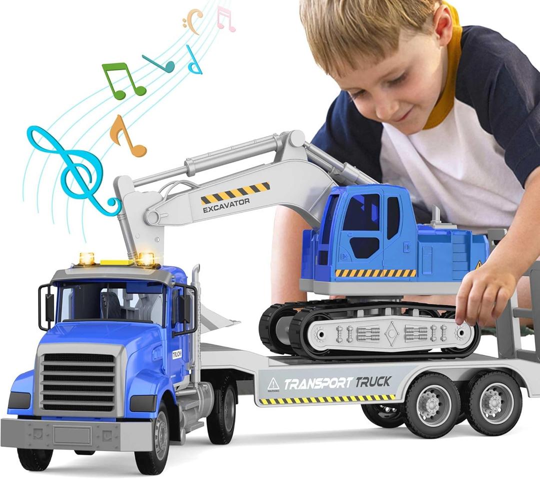 DOWELLIN Transports Trucks Kids Toys, 22" Large Semi Truck Toy Carrier and Excavator Truck with Sound&Light,Friction Powered Cars Toys Birthday for Boys Girls 3 4 5 6 7 8