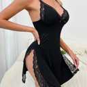 CHICME Women's Lace Trim Side Slit Modal Cami Sleep Dress Loungewear Cute Night Gowns for Women Black-XXL