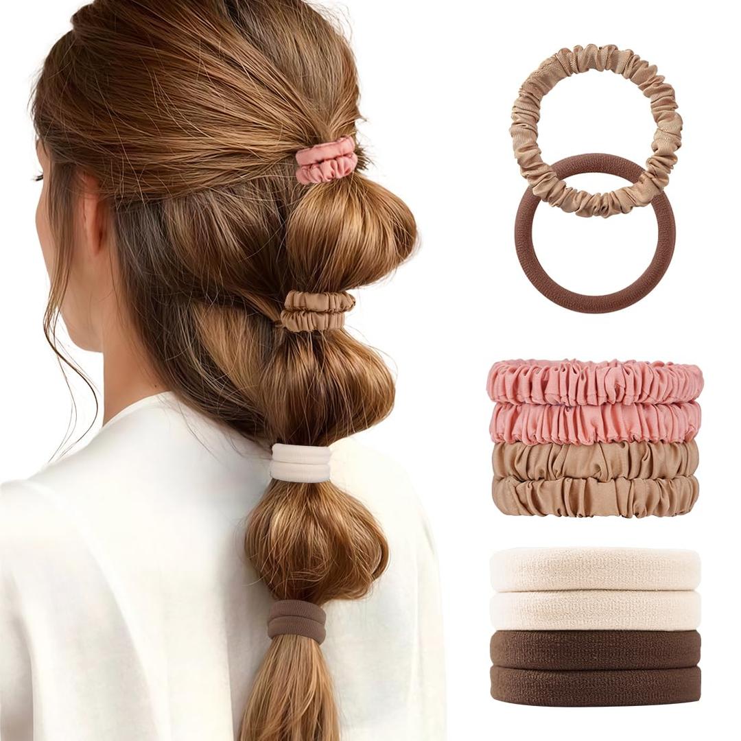 2 x 8PCS Silk Scrunchies & Seamless Cotton Hair Ties  No Damage, Elastic Ponytail Holders for Women, Strong Stretch Hair Bands for Thick & Fine Hair (Neutral Colors)