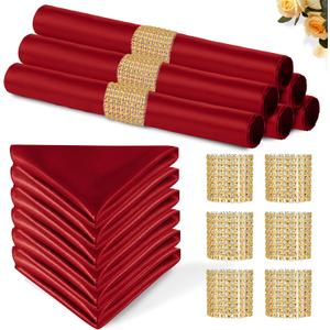 100 Pack Red Satin Napkins and Napkin Rings Set,12 x 12 Inch Silky Soft Cloth Napkins Set of 50,Square Satin Dinner Table Napkins Bulk for Wedding Banquet Restaurant Graduation Party Decoration