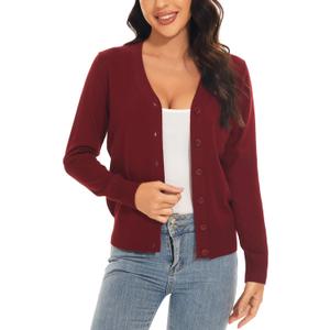 Women's V Neck Button Down Long Sleeve Cardigan Sweater (Red)