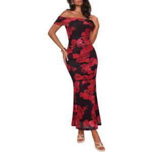 MEROKEETY Women's Spring Off Shoulder Floral Maxi Dress 2026 Summer Formal Beach Wedding Guest Cocktail Bodycon Dresses (Black, L)