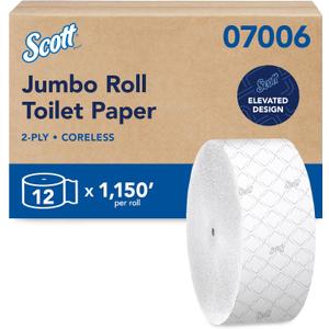 Scott Professional Coreless High-Capacity Jumbo Roll Toilet Paper, Bulk (07006), 2-Ply, Elevated Design, Septic Safe, White (12 Rolls at 1,150' Each, 13,800'/Case)