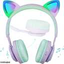 Riwbox Kids Wireless Headphones, CT-7S Cat Ear Bluetooth, 85dB Volume Limiting, LED Light Up Over Ear with Microphone for Laptop/PC/TV (Purple&Green)