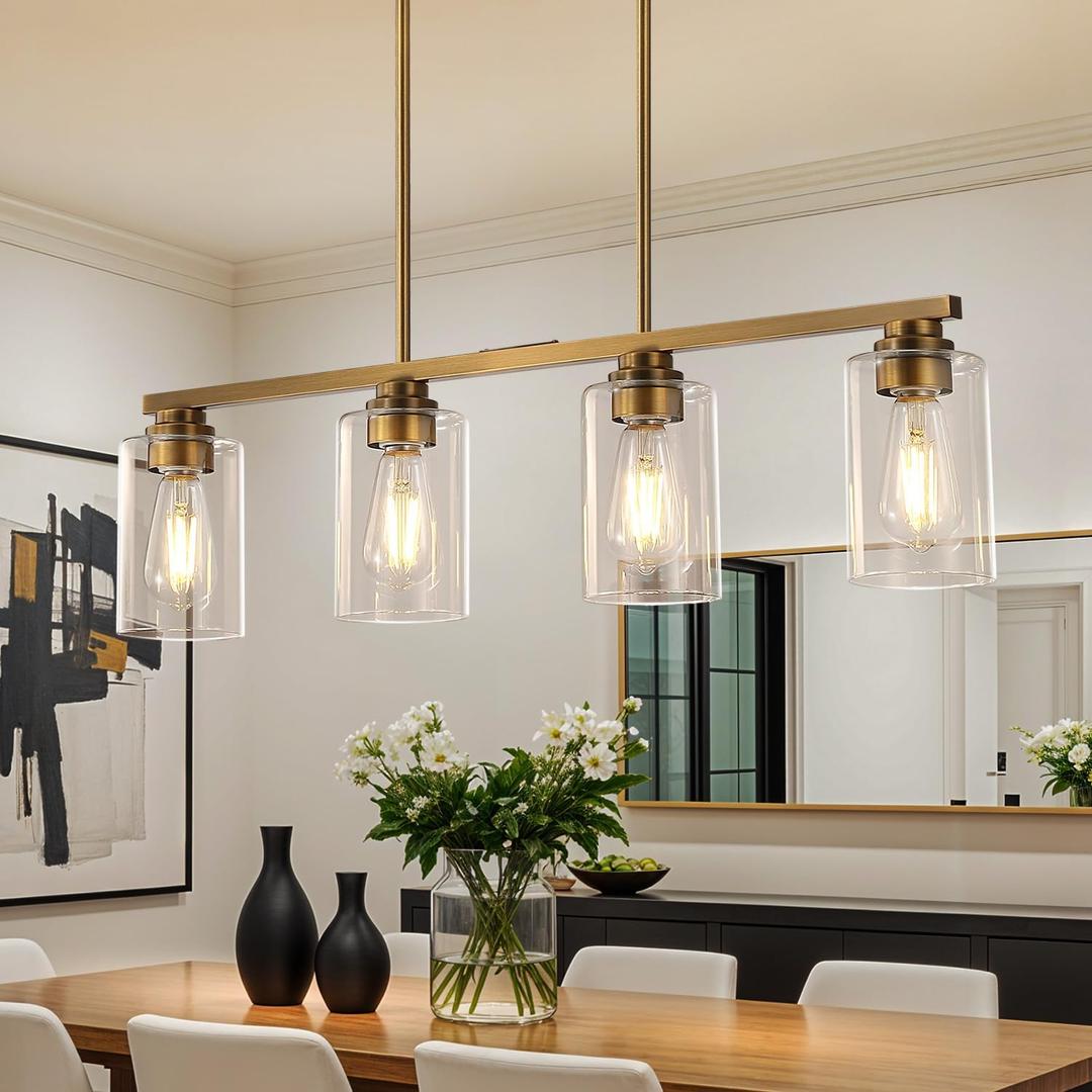 Mecgirn Island Light for Kitchen, Brushed Brass Dining Room Light Fixture Over Table, 4-Light Linear Chandelier Pendant Lighting for Dining Table Kitchen Island Living Room, 4 Light + Clear Glass
