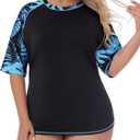 Koscacy Women's Plus Size Rash Guard Swim Shirt Short Sleeves UPF 50+ Swimwear Workout Tops (4X-Large Plus, Black Ang Blue)