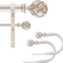 Ycolnaefllr 1 Inch Diameter Double Curtain Rod Set for Windows Double Window Treatment Curtain Rod Heavy Duty Adjustable from 120 to 170 Inch, Resin Finials with Curtain Holdbacks,Weathered White